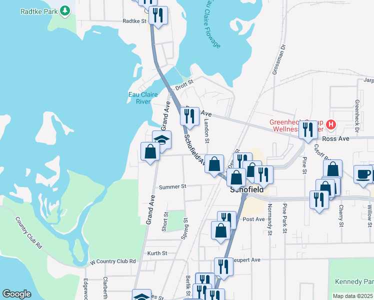 map of restaurants, bars, coffee shops, grocery stores, and more near 1400 Spring Street in Schofield