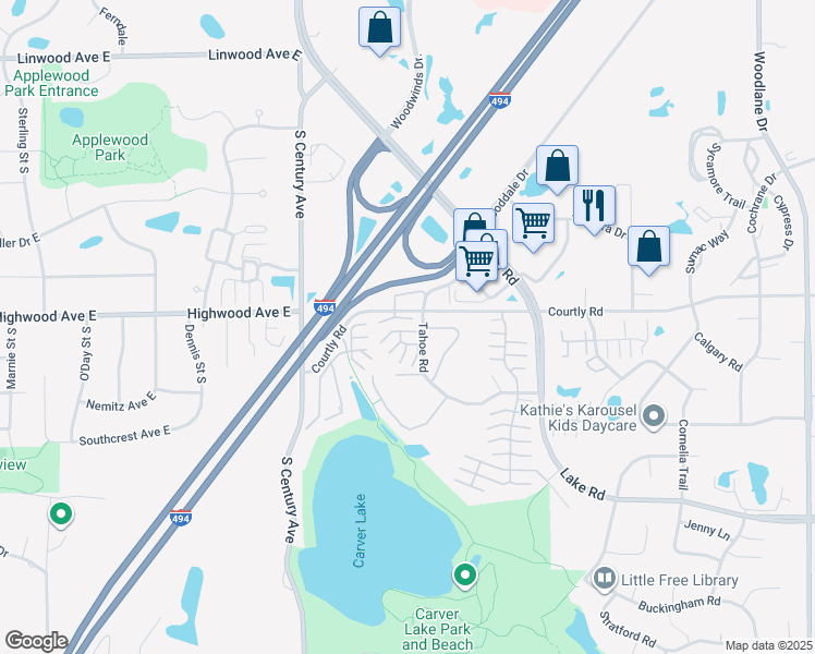 map of restaurants, bars, coffee shops, grocery stores, and more near 6147 Tahoe Circle in Woodbury