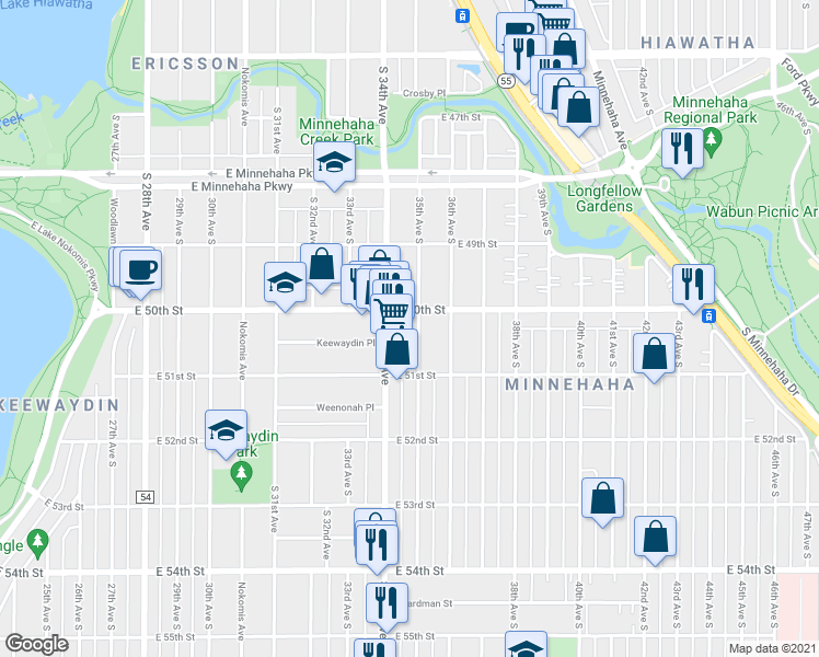 map of restaurants, bars, coffee shops, grocery stores, and more near 5032 35th Avenue South in Minneapolis