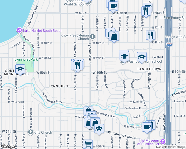 map of restaurants, bars, coffee shops, grocery stores, and more near 5021 Lyndale Avenue South in Minneapolis
