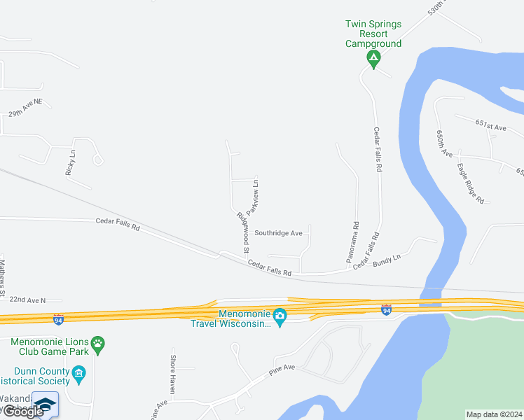 map of restaurants, bars, coffee shops, grocery stores, and more near 2442 Parkview Lane in Menomonie