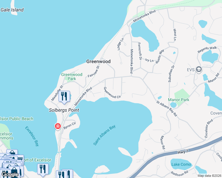 map of restaurants, bars, coffee shops, grocery stores, and more near 5195 Greenwood Circle in Greenwood