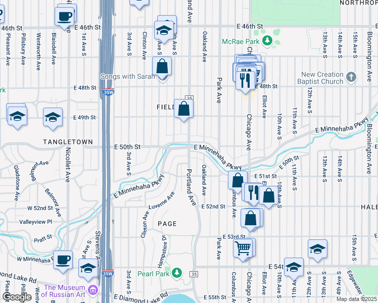 map of restaurants, bars, coffee shops, grocery stores, and more near Portland Ave & E Minnehaha Pkwy in Minneapolis