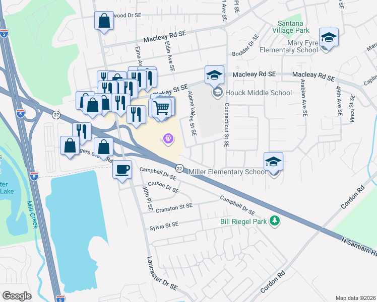 map of restaurants, bars, coffee shops, grocery stores, and more near 4342 Wildcherry Court Southeast in Salem