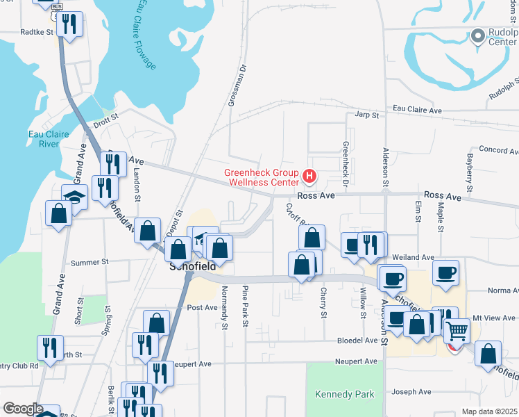 map of restaurants, bars, coffee shops, grocery stores, and more near 1500 Metro Drive in Schofield