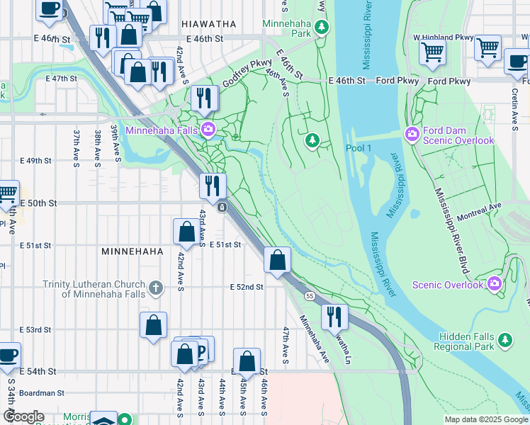 map of restaurants, bars, coffee shops, grocery stores, and more near Minnesota Valley State Trail in Minneapolis