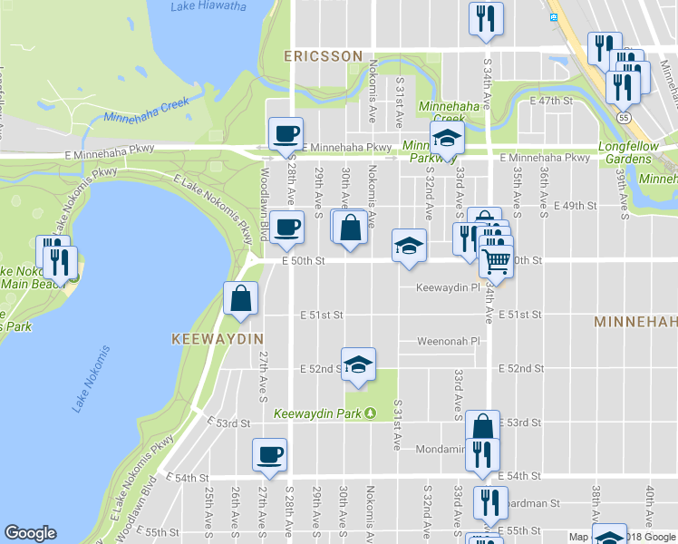 map of restaurants, bars, coffee shops, grocery stores, and more near 5035 30th Avenue South in Minneapolis