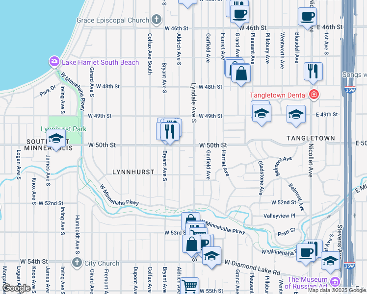 map of restaurants, bars, coffee shops, grocery stores, and more near 5025 Aldrich Avenue South in Minneapolis
