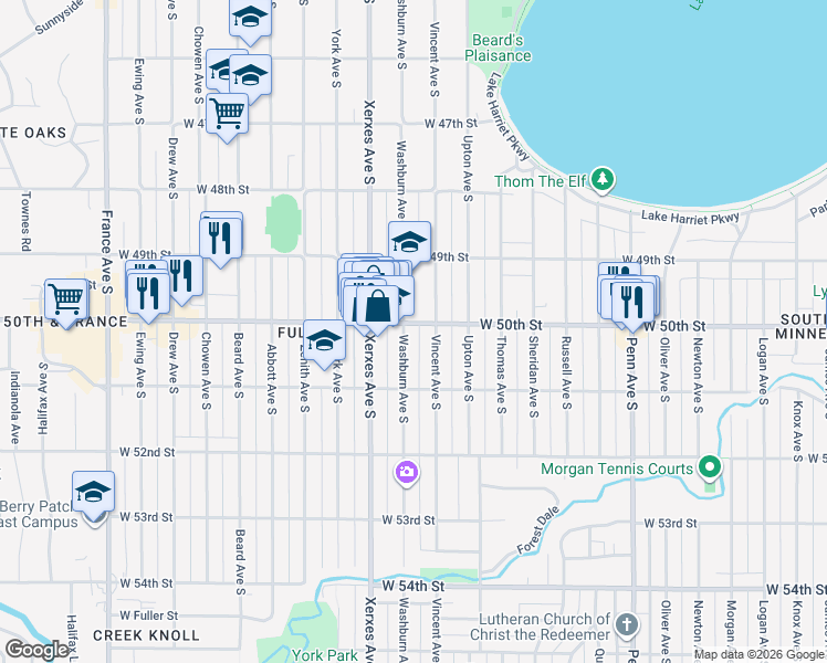 map of restaurants, bars, coffee shops, grocery stores, and more near 5028 Vincent Avenue South in Minneapolis