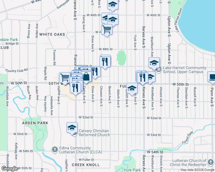 map of restaurants, bars, coffee shops, grocery stores, and more near 5030 Beard Avenue South in Minneapolis
