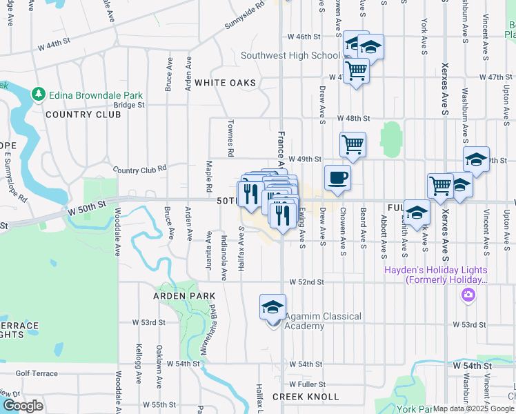 map of restaurants, bars, coffee shops, grocery stores, and more near 4050 West 51st Street in Edina