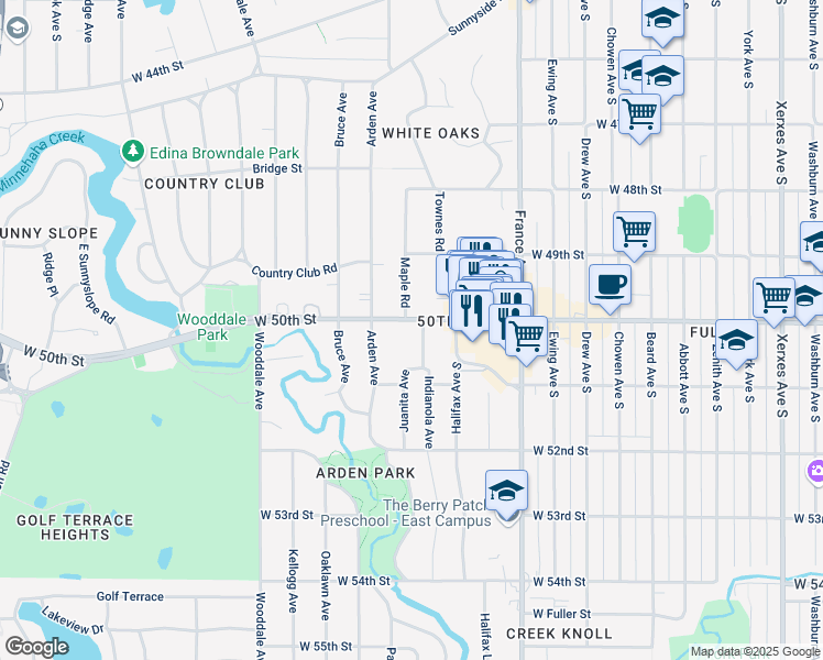 map of restaurants, bars, coffee shops, grocery stores, and more near 5028 Indianola Avenue in Edina
