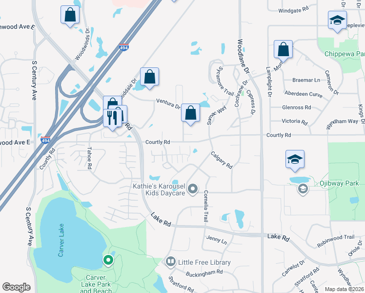 map of restaurants, bars, coffee shops, grocery stores, and more near 2570 Ventura Drive in Woodbury