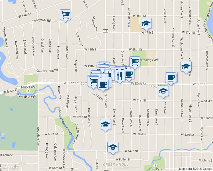 map of restaurants, bars, coffee shops, grocery stores, and more near 5005 France Ave S in Minneapolis