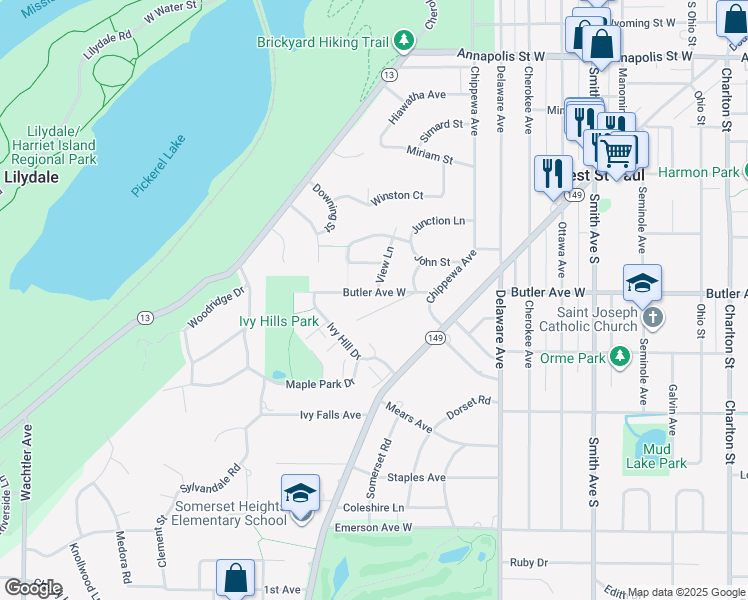 map of restaurants, bars, coffee shops, grocery stores, and more near 1055 View Lane in Mendota Heights