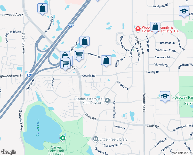 map of restaurants, bars, coffee shops, grocery stores, and more near 6611 Courtly Road in Woodbury