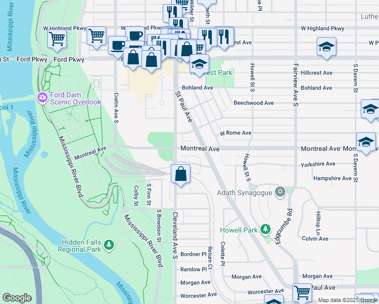 map of restaurants, bars, coffee shops, grocery stores, and more near 2023 Montreal Avenue in Saint Paul