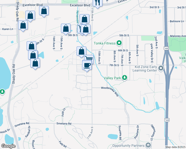 map of restaurants, bars, coffee shops, grocery stores, and more near 707 11th Avenue South in Hopkins