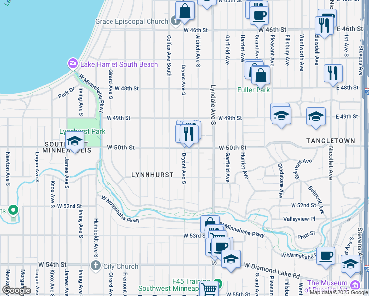 map of restaurants, bars, coffee shops, grocery stores, and more near West 50th Street & Bryant Avenue South in Minneapolis