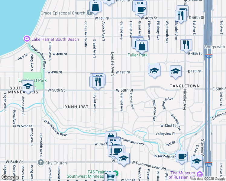 map of restaurants, bars, coffee shops, grocery stores, and more near Lyndale Ave S & W 50th St in Minneapolis