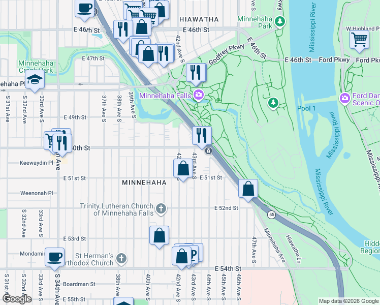 map of restaurants, bars, coffee shops, grocery stores, and more near 4224 East 50th Street in Minneapolis
