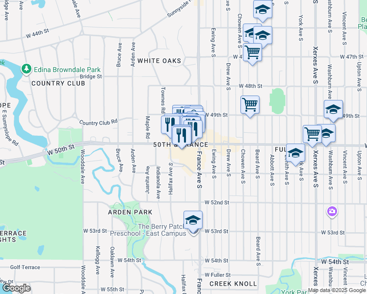 map of restaurants, bars, coffee shops, grocery stores, and more near 3943 West 50th Street in Edina