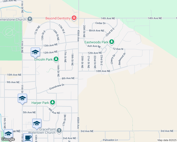 map of restaurants, bars, coffee shops, grocery stores, and more near 1000 21st Street Northeast in Watertown