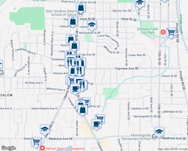 map of restaurants, bars, coffee shops, grocery stores, and more near 540 Fairview Avenue Southeast in Salem