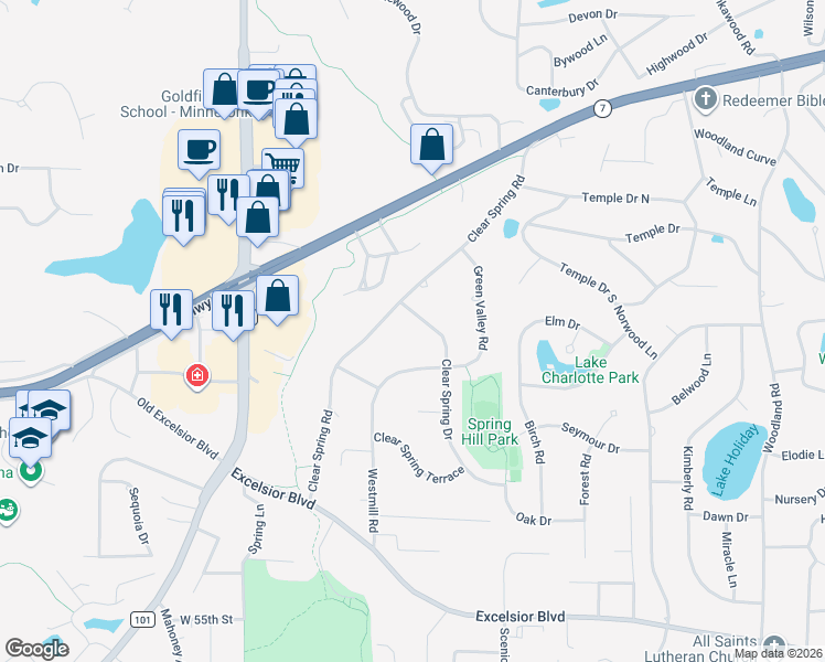 map of restaurants, bars, coffee shops, grocery stores, and more near 5015 Clear Spring Drive in Minnetonka