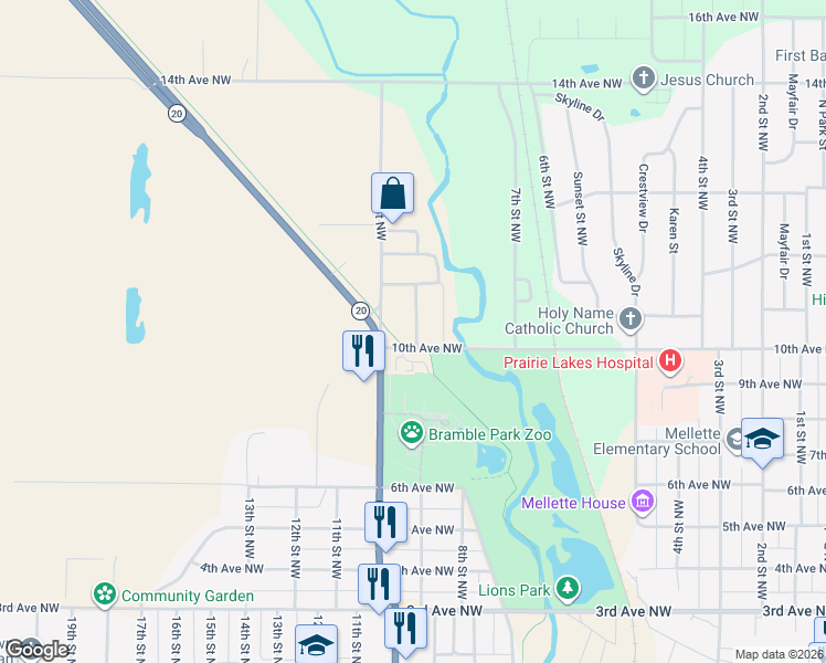 map of restaurants, bars, coffee shops, grocery stores, and more near 1001-1099 9th Street Northwest in Watertown