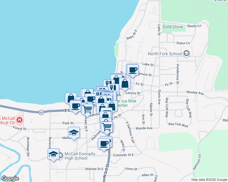 map of restaurants, bars, coffee shops, grocery stores, and more near 1101 East Lake Street in McCall