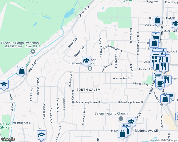 map of restaurants, bars, coffee shops, grocery stores, and more near 935 Hansen Avenue South in Salem