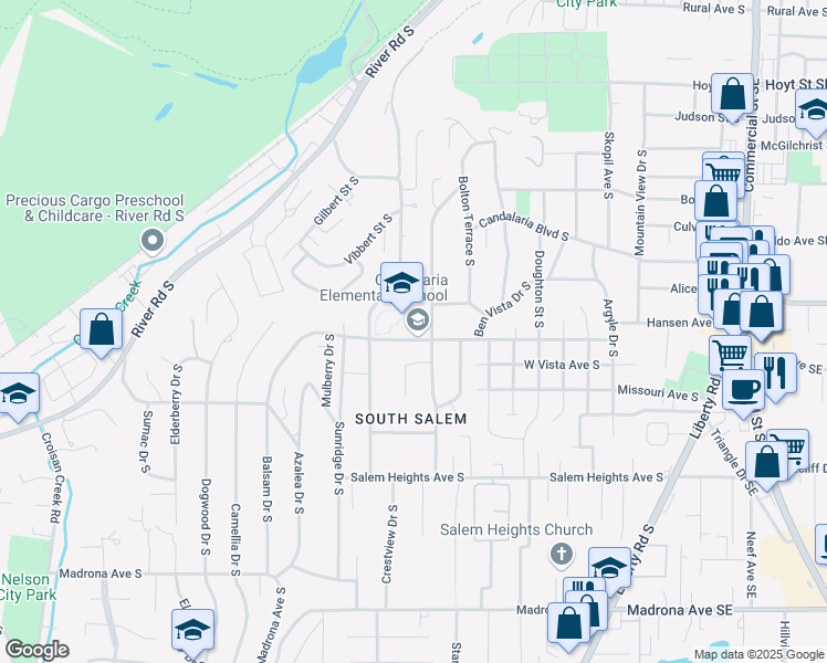 map of restaurants, bars, coffee shops, grocery stores, and more near 2830 Crestview Drive South in Salem