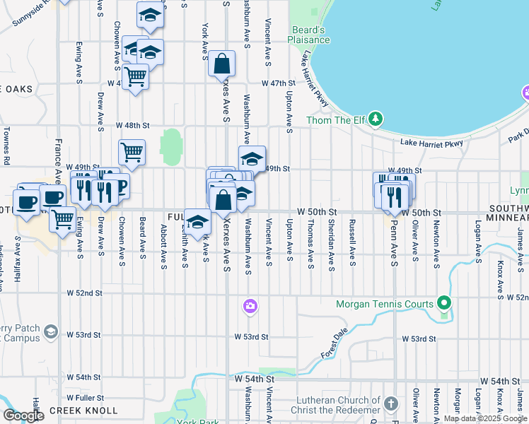 map of restaurants, bars, coffee shops, grocery stores, and more near 4941 Vincent Avenue South in Minneapolis