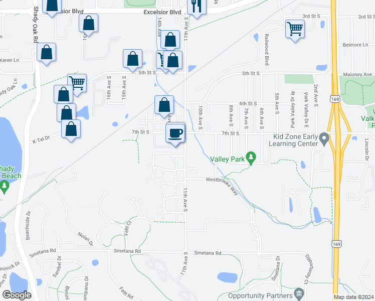 map of restaurants, bars, coffee shops, grocery stores, and more near 707 11th Avenue South in Hopkins