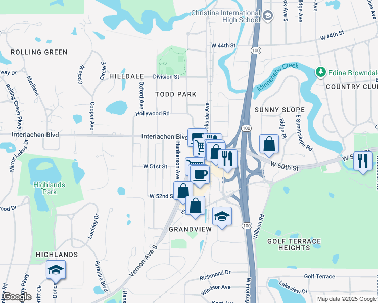 map of restaurants, bars, coffee shops, grocery stores, and more near 5010 Summit Avenue in Edina