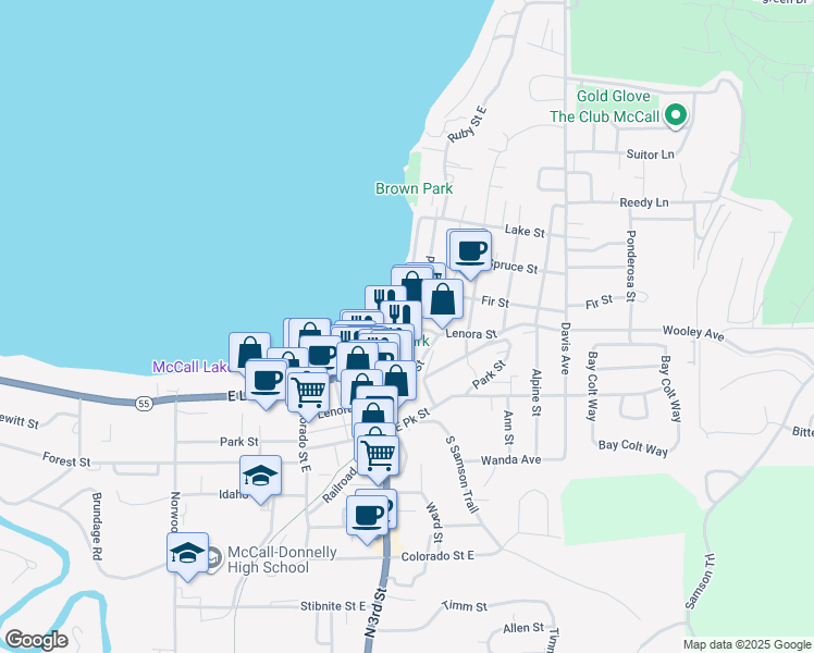 map of restaurants, bars, coffee shops, grocery stores, and more near 1101 East Lake Street in McCall