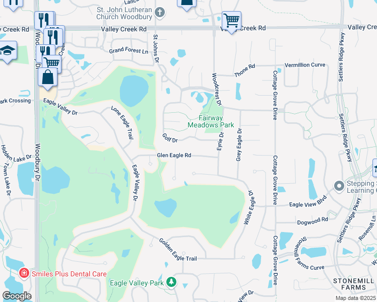 map of restaurants, bars, coffee shops, grocery stores, and more near 2420 Golf Drive in Woodbury