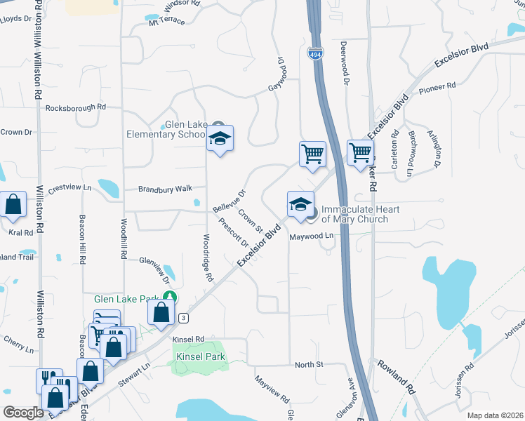 map of restaurants, bars, coffee shops, grocery stores, and more near 5000 Mayview Road in Minnetonka