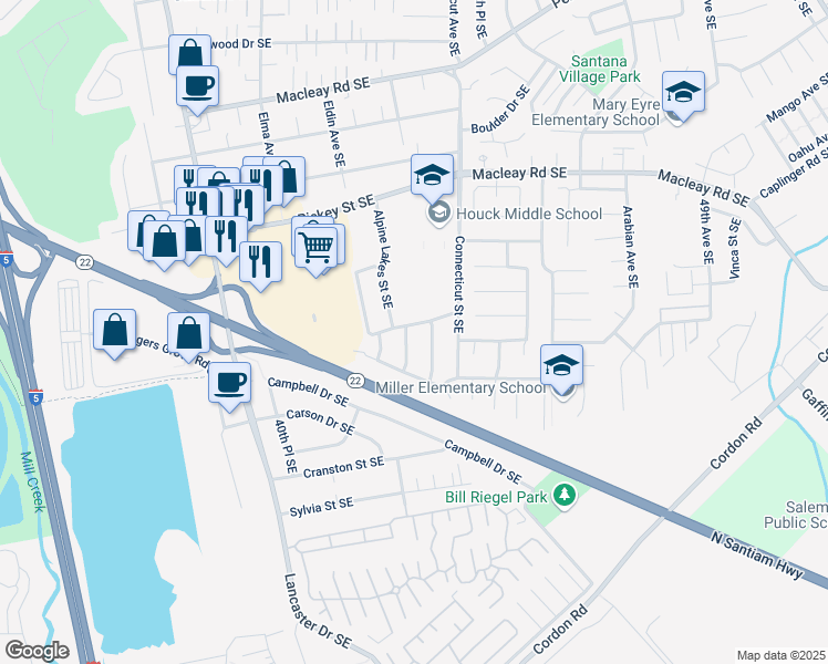 map of restaurants, bars, coffee shops, grocery stores, and more near 1436 Alpine Lakes Street Southeast in Salem