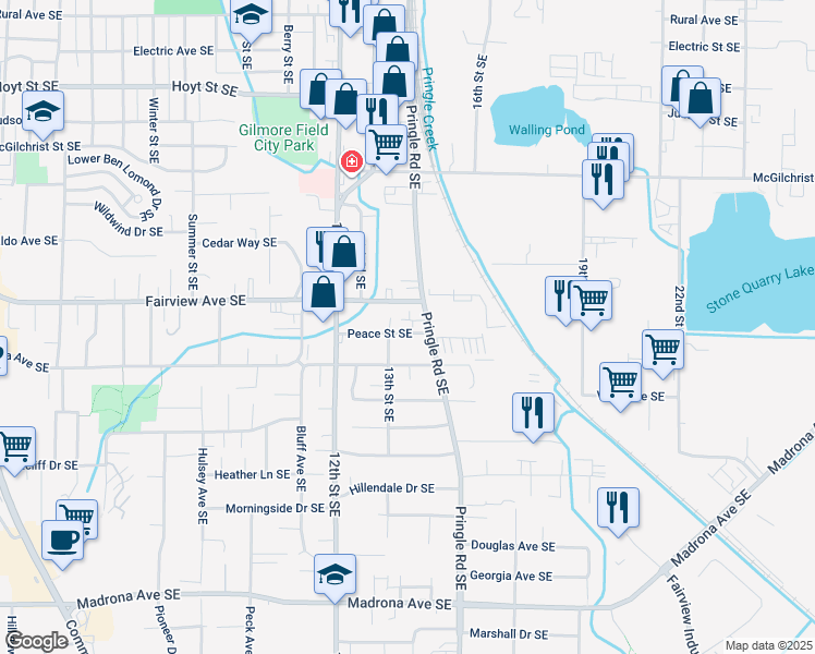 map of restaurants, bars, coffee shops, grocery stores, and more near 1291-1381 Peace Street Southeast in Salem