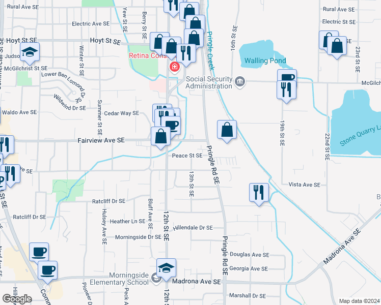 map of restaurants, bars, coffee shops, grocery stores, and more near 1291-1381 Peace Street Southeast in Salem
