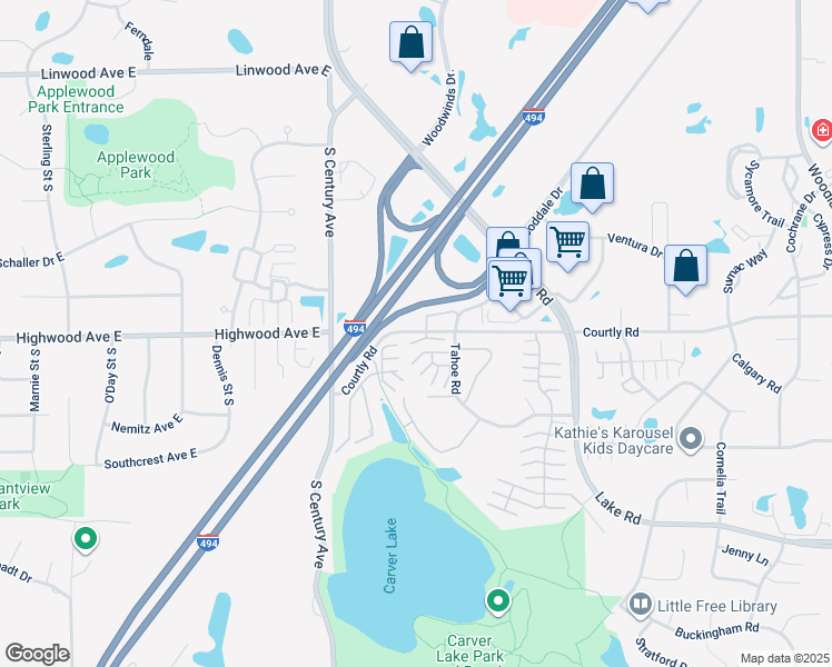map of restaurants, bars, coffee shops, grocery stores, and more near 6202 Courtly Road in Woodbury
