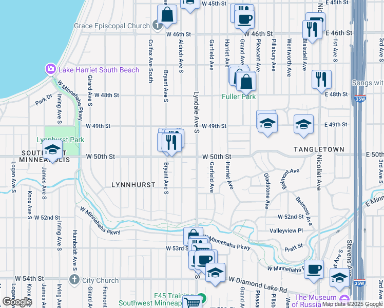 map of restaurants, bars, coffee shops, grocery stores, and more near in Minneapolis