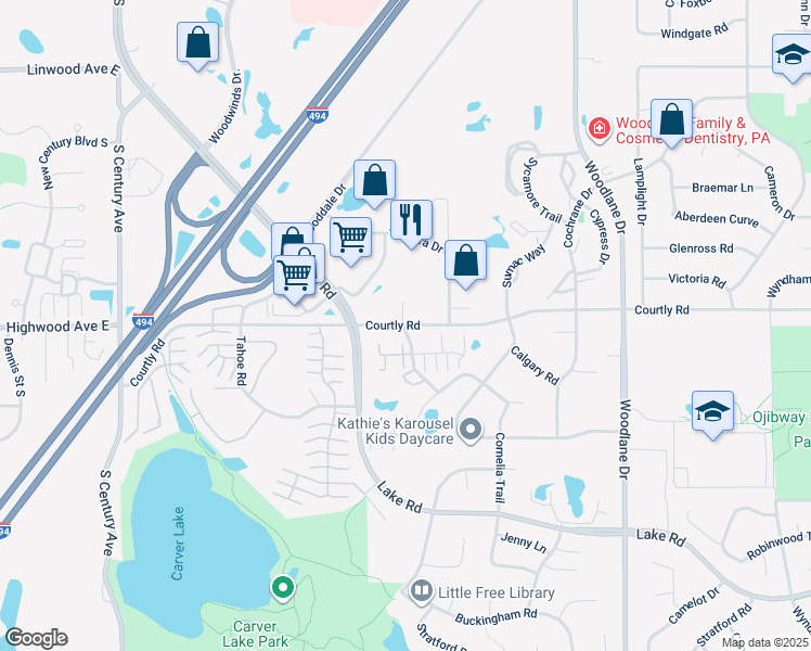 map of restaurants, bars, coffee shops, grocery stores, and more near 6611 Courtly Road in Woodbury