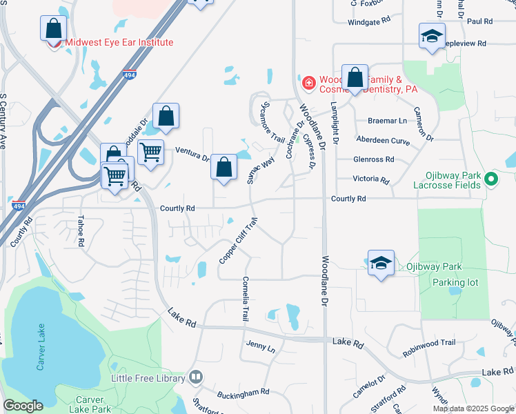 map of restaurants, bars, coffee shops, grocery stores, and more near 2497 Copper Cliff Trail in Woodbury