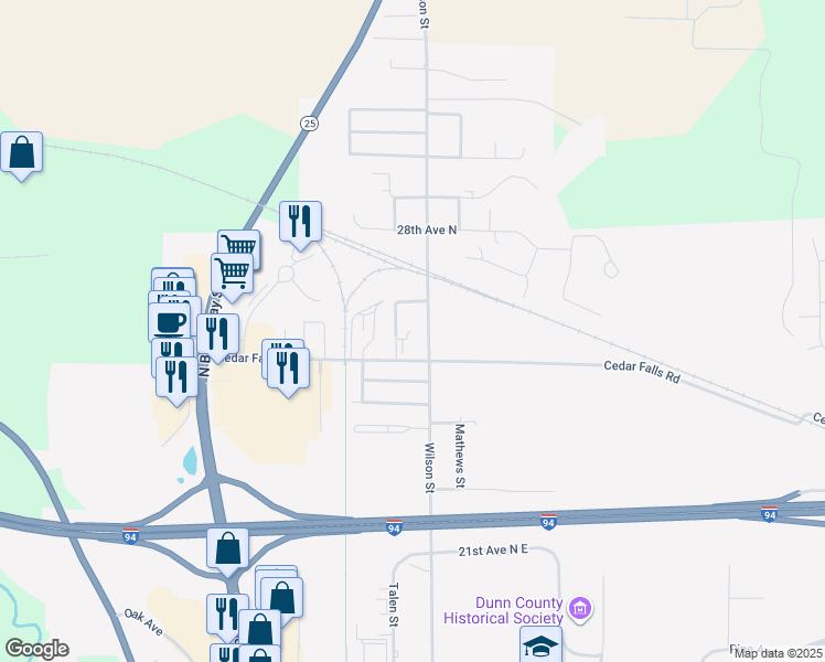 map of restaurants, bars, coffee shops, grocery stores, and more near 2417 Wilson Street in Menomonie