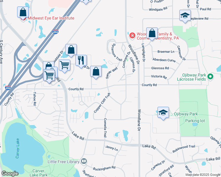map of restaurants, bars, coffee shops, grocery stores, and more near 2497 Copper Cliff Trail in Woodbury