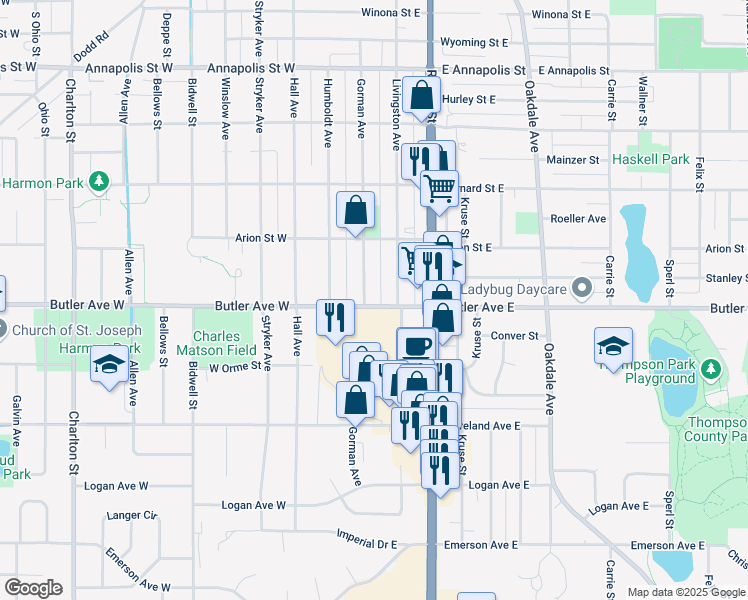 map of restaurants, bars, coffee shops, grocery stores, and more near 1109 Livingston Avenue in Saint Paul
