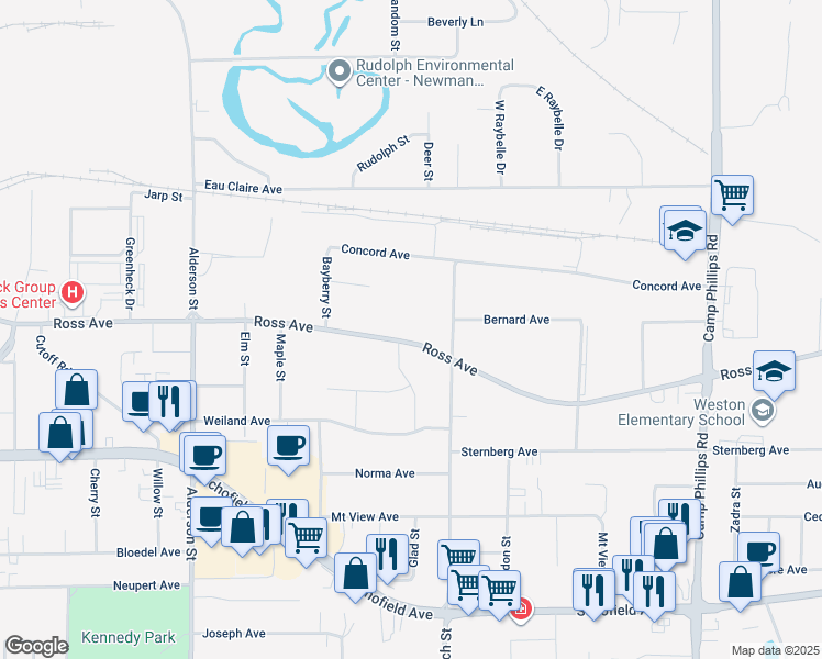 map of restaurants, bars, coffee shops, grocery stores, and more near 3104 Ross Avenue in Schofield